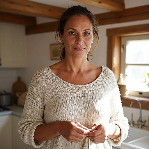 Woman in Cozy Kitchen Wearing Cream Knitted Sweater