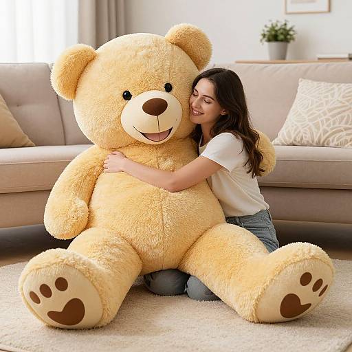 Young Woman Hugging Giant Plush Teddy Bear in Cozy Living Room