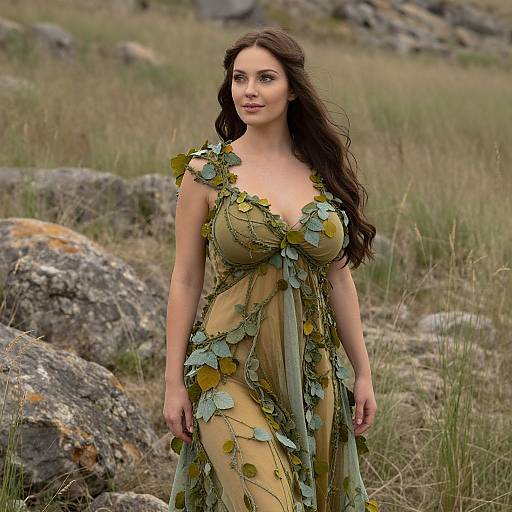 Woman Wearing Leaf-Embellished Sheer Gown in Natural Outdoor Setting