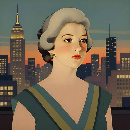 Vintage Style Portrait of Woman with City Skyline at Dusk