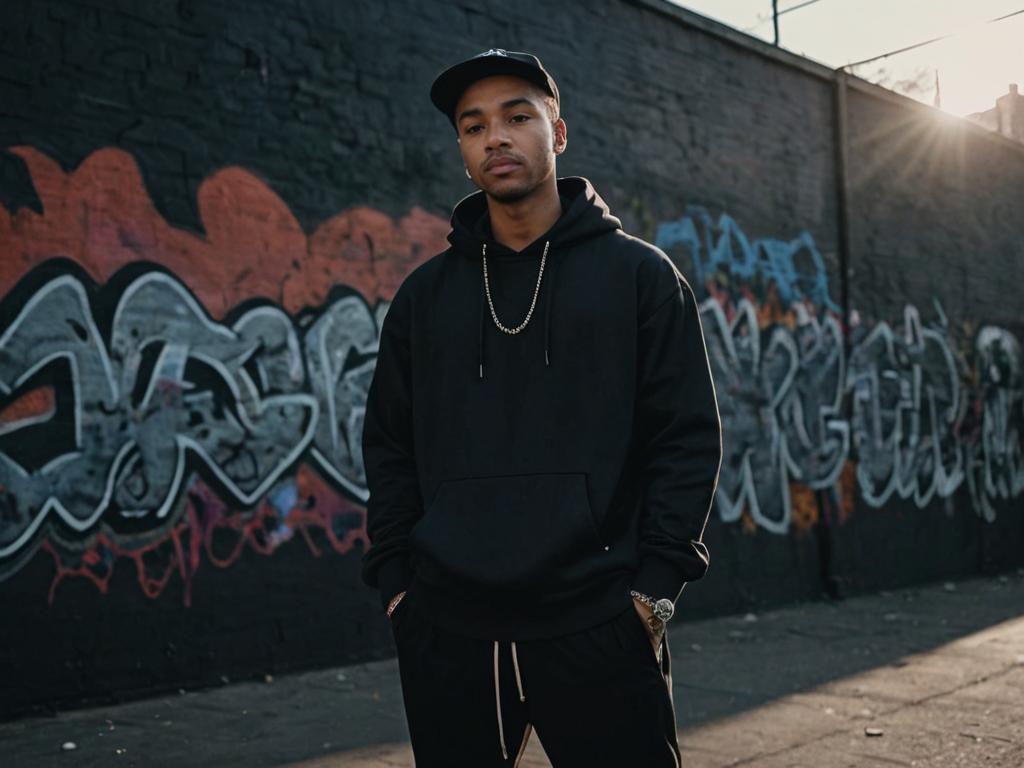 Stylish man in front of graffiti wall exuding hip-hop culture