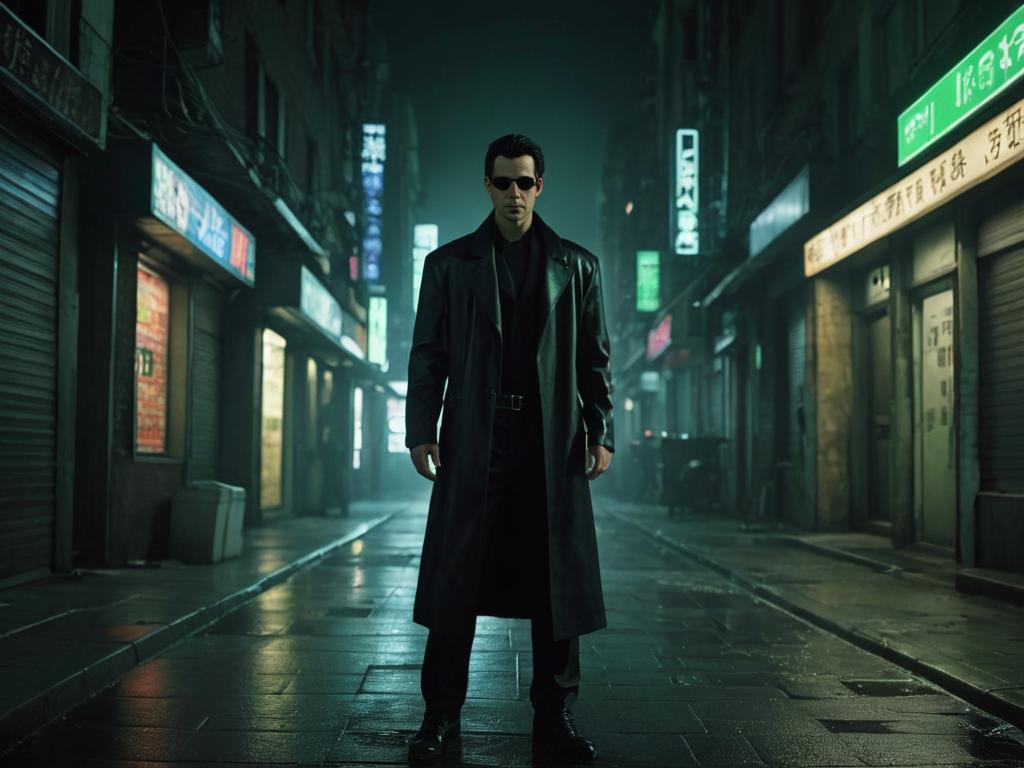 Neo from The Matrix in Cyberpunk Alley