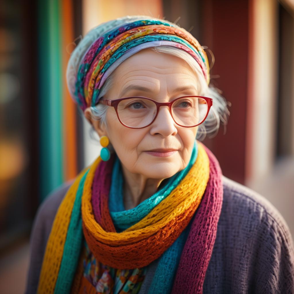 Thoughtful Elderly Woman in Colorful Scarves