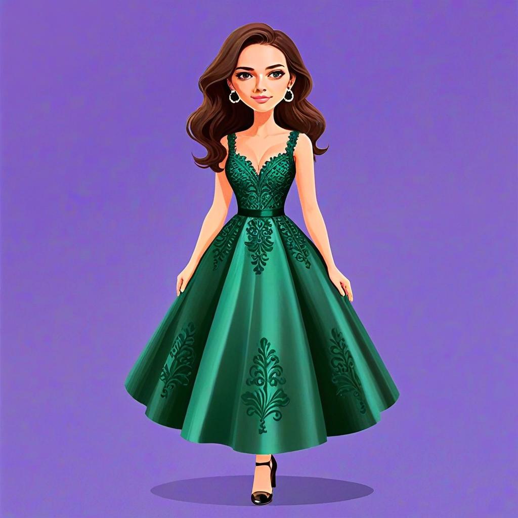 Woman in Elegant Green A-Line Dress with Plunging Neckline Illustration