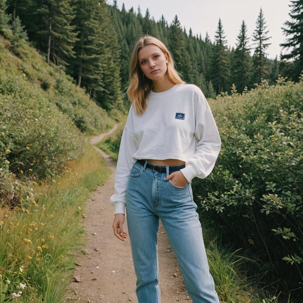 Poised Woman on Nature Trail in Casual Attire