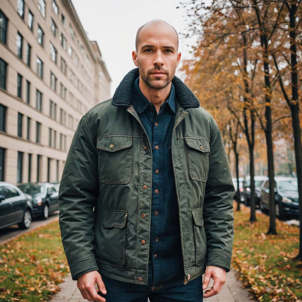 Man Wearing Green Bomber Jacket on Autumn Urban Sidewalk