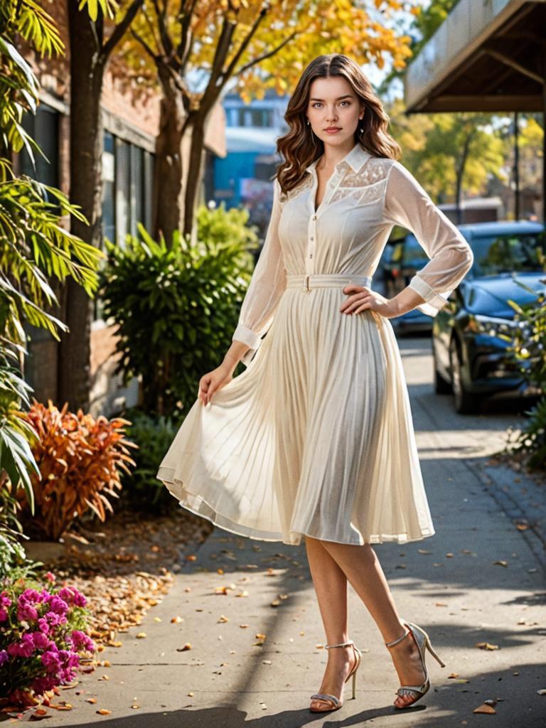 Elegant Woman in Light Dress Among Autumn Trees