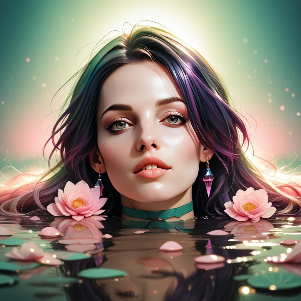Woman Emerging from Water with Glowing Lotus Flowers