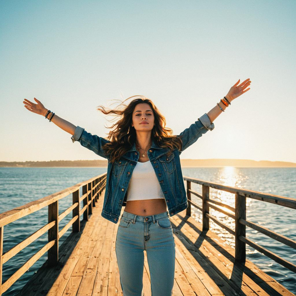 Confident Young Woman on Pier at Sunset Confident Young Woman on Pier at Sunset
