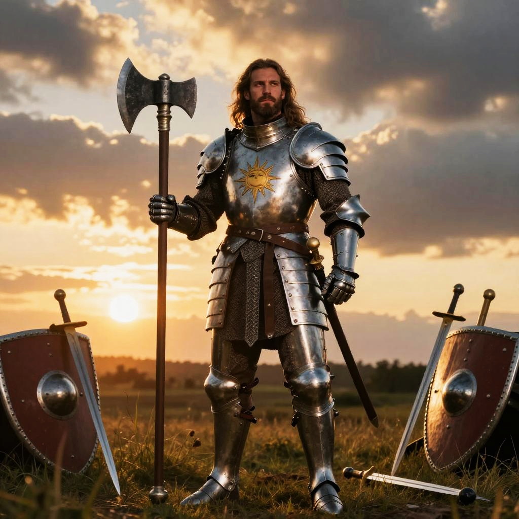 Medieval Knight in Full Armor Holding Axe at Sunset with Shields and Swords