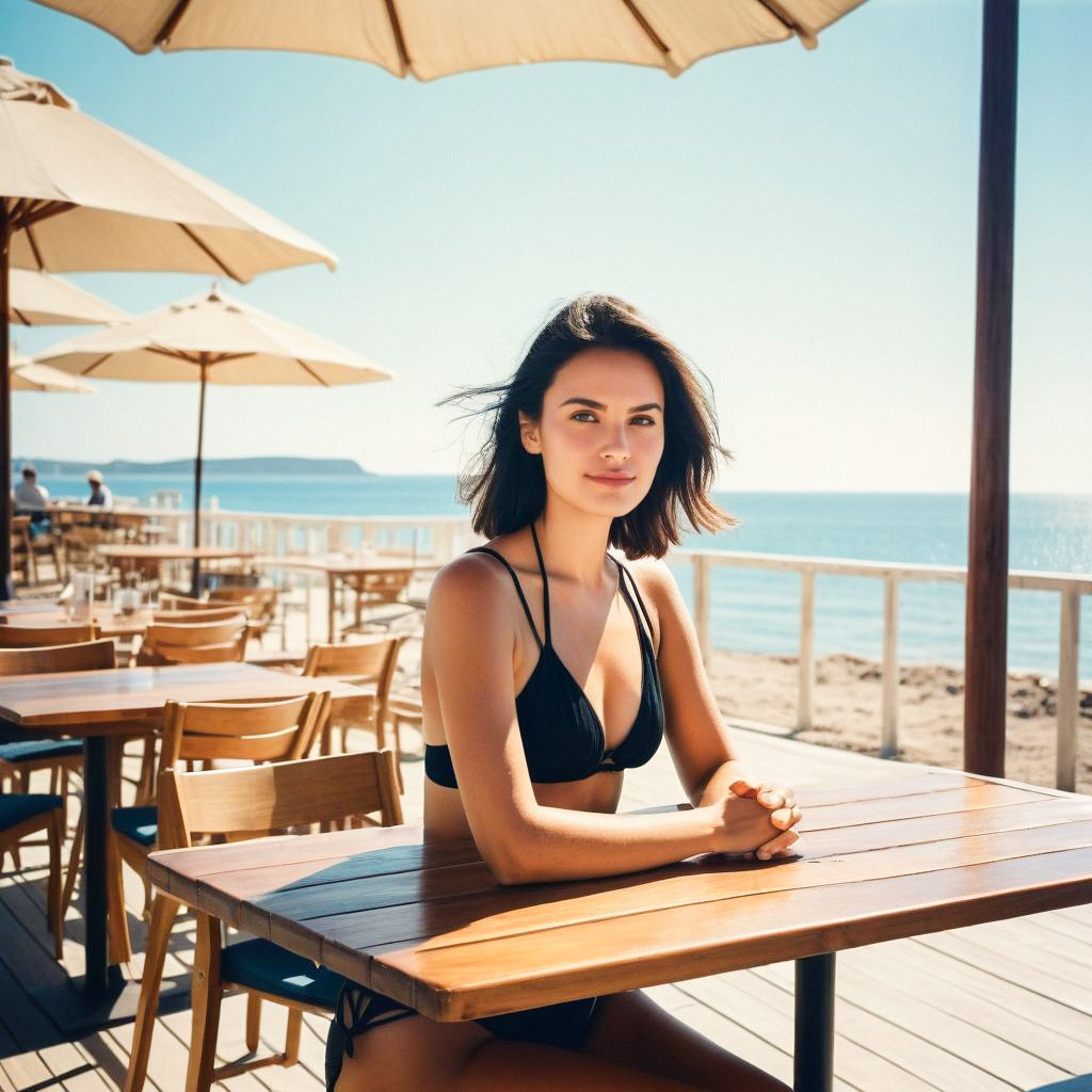 Young Woman in Black Bikini at Beachside Terrace