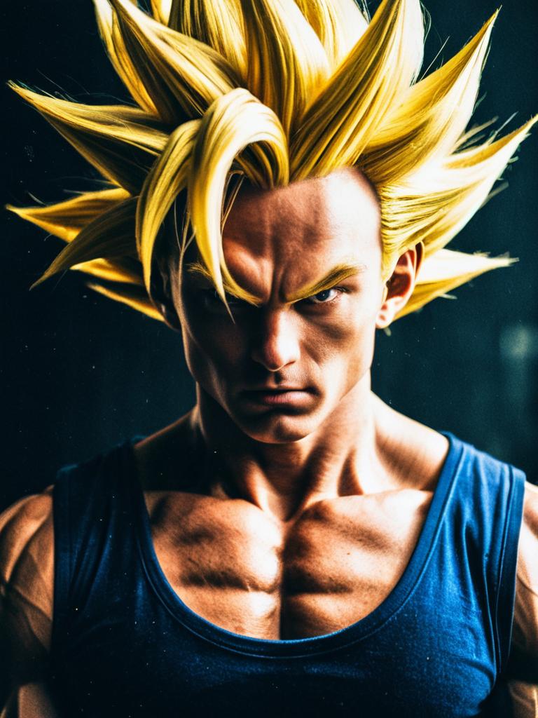 Super Saiyan Man with Spiky Golden Hair and Intense Expression