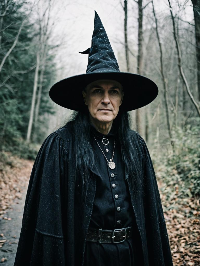Modern Male Witch Costume in Forest Setting
