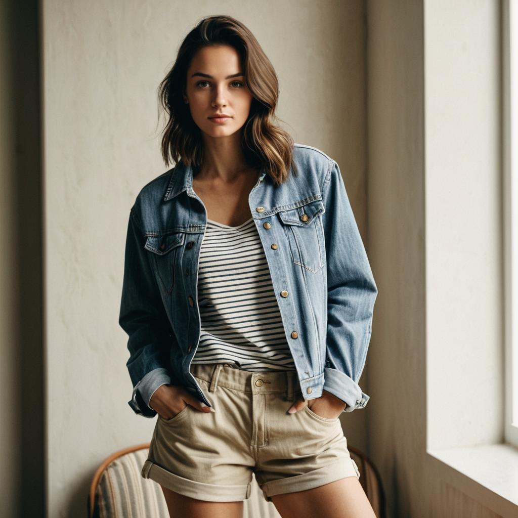 Casual Fashion Woman in Denim Jacket and Shorts Indoors