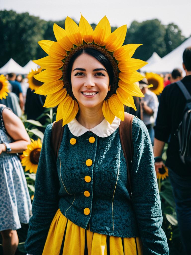 Woman in Sunflower Costume at Outdoor Festival Candid Portrait