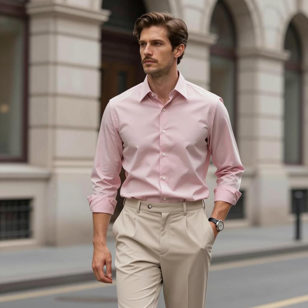 Modern Stylish Man in Pink Dress Shirt and Beige Trousers Walking Outdoors