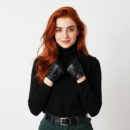 Stylish Woman Wearing Black Leather Gloves and Black Turtleneck