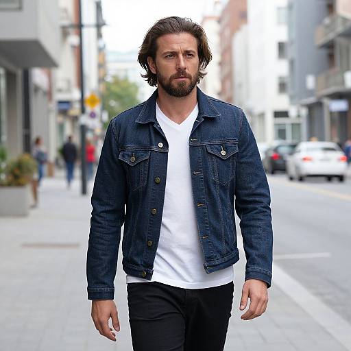 Man Walking on Urban Street Wearing Denim Jacket and White T-Shirt