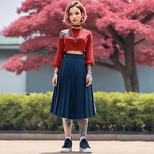 Stylish Woman in Red Cropped Sweater and Navy Pleated Skirt with Tattoos Outdoors