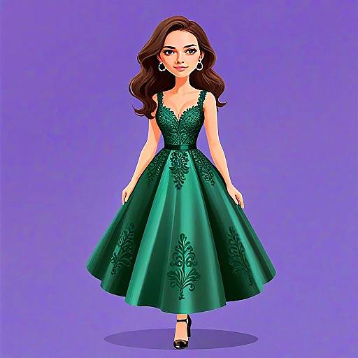 Woman in Elegant Green A-Line Dress with Plunging Neckline Illustration