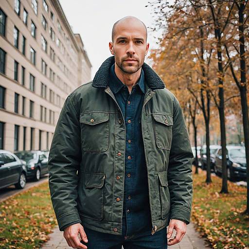 Man Wearing Green Bomber Jacket on Autumn Urban Sidewalk