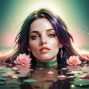 Woman Emerging from Water with Glowing Lotus Flowers