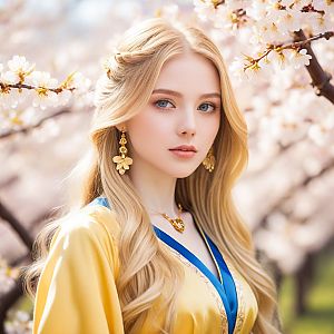 Young Woman in Yellow Among Cherry Blossoms