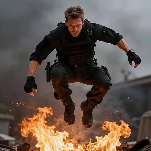 Action Man Leaping Over Fire in Tactical Gear