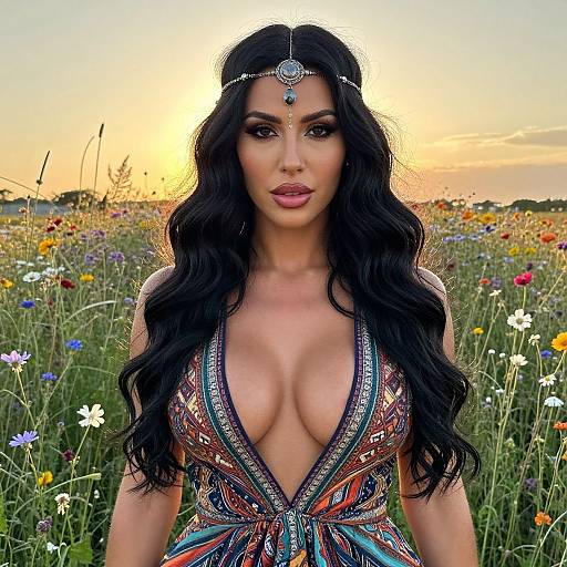 Bohemian Woman in Colorful Dress in Wildflower Field at Sunset