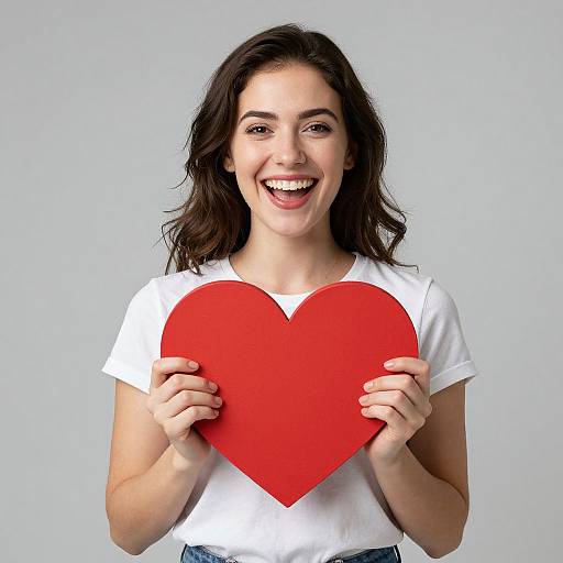 Happy Woman Holding Red Heart Cutout Against Gray Background