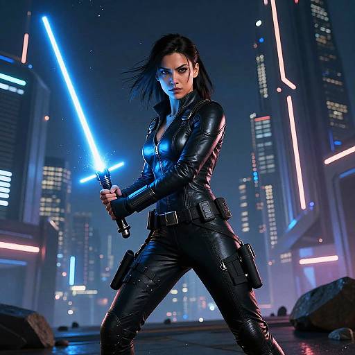 Woman with Blue Lightsaber in Futuristic Cyberpunk City