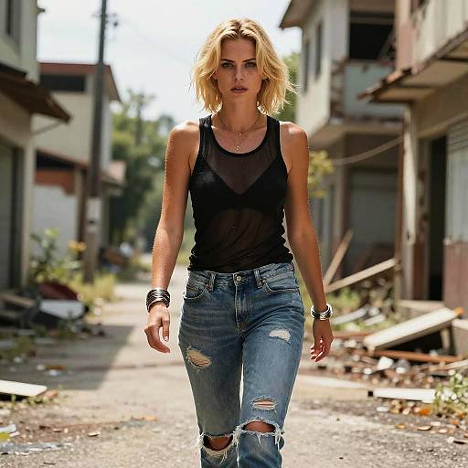 Blonde Woman Wearing Sheer Black Tank Top and Ripped Jeans Walking Urban Street