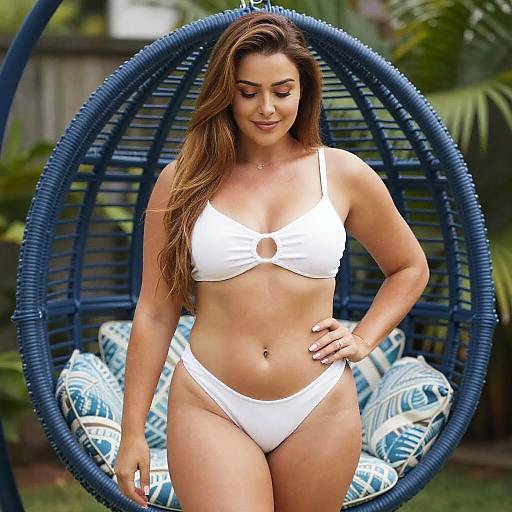 Woman in White Bikini Posing Outdoors by Blue Hanging Chair
