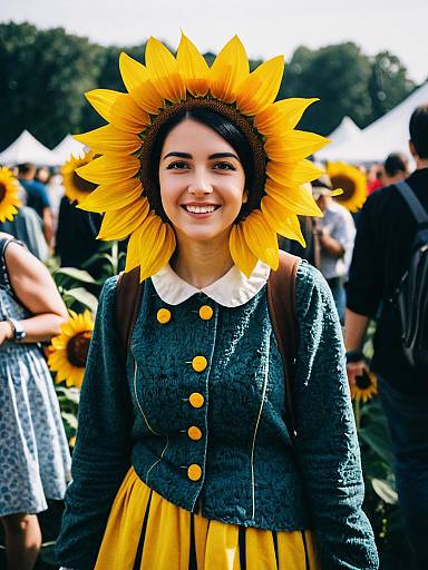 Woman in Sunflower Costume at Outdoor Festival Candid Portrait