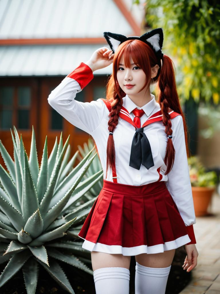 Cosplay Woman in Red School Uniform with Cat Ears Near Aloe Plant