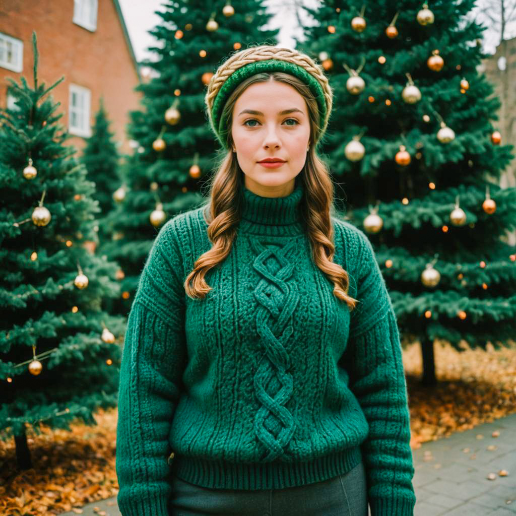Woman in Green Cable Knit Sweater by Christmas Trees