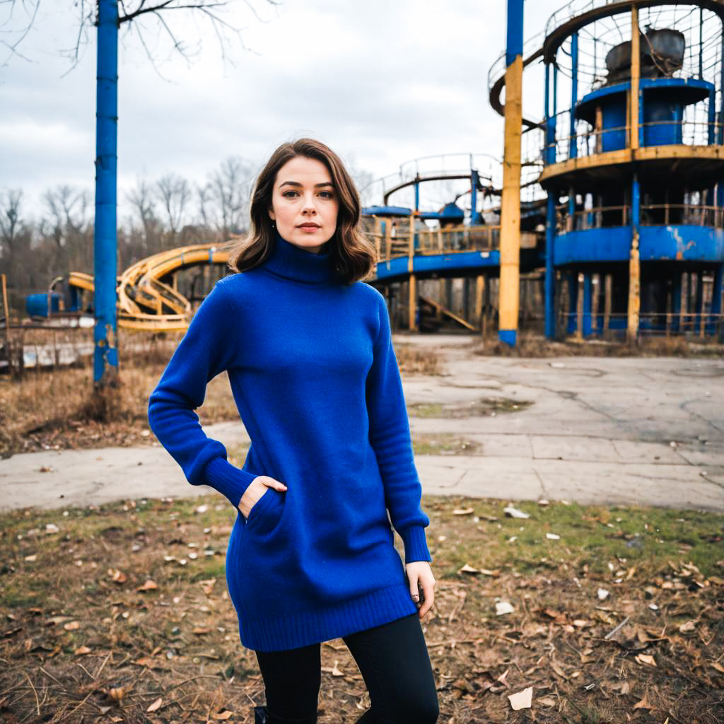 Woman in Blue Sweater at Amusement Park