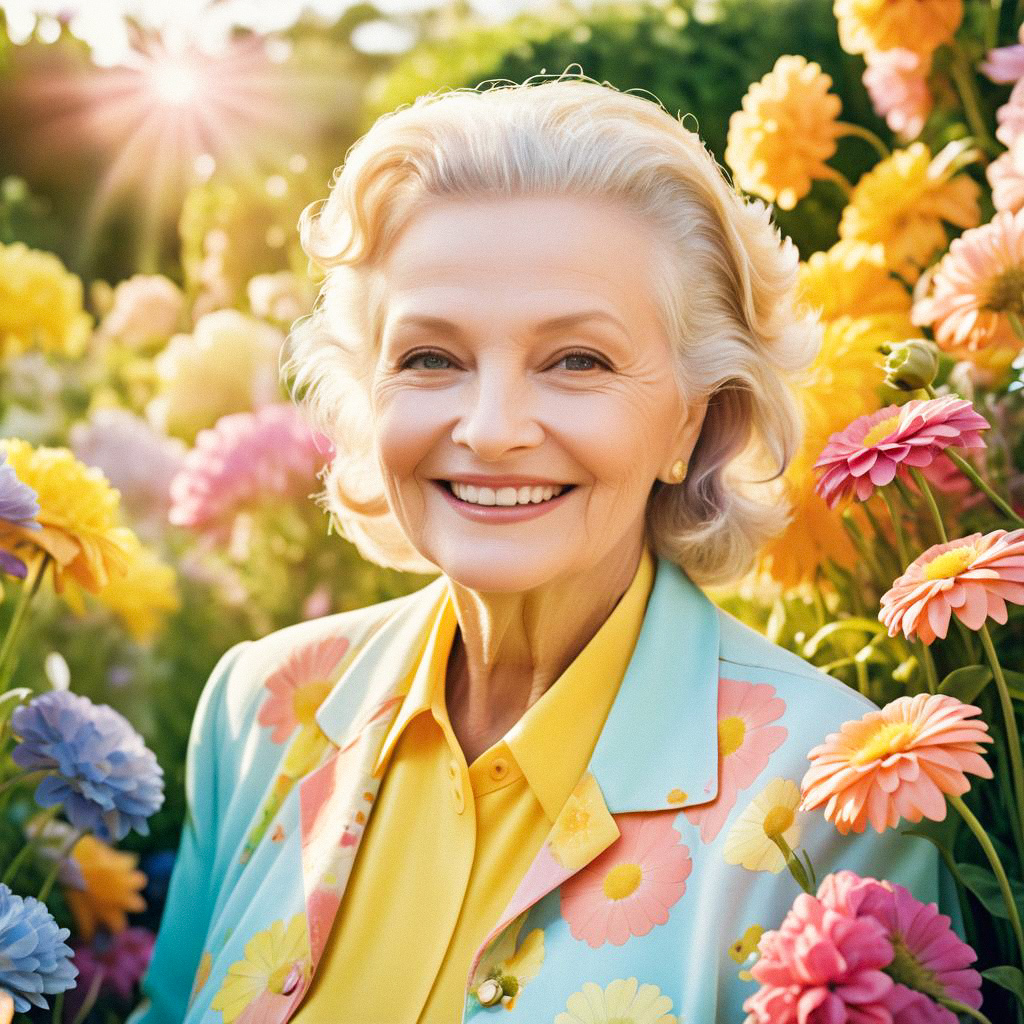 Joyful Elderly Woman in Vibrant Garden