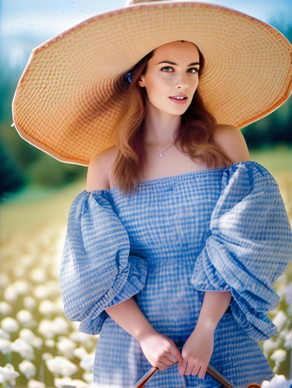 Young Woman in Blue Gingham Dress Wearing Large Straw Sunhat in Tulip Field
