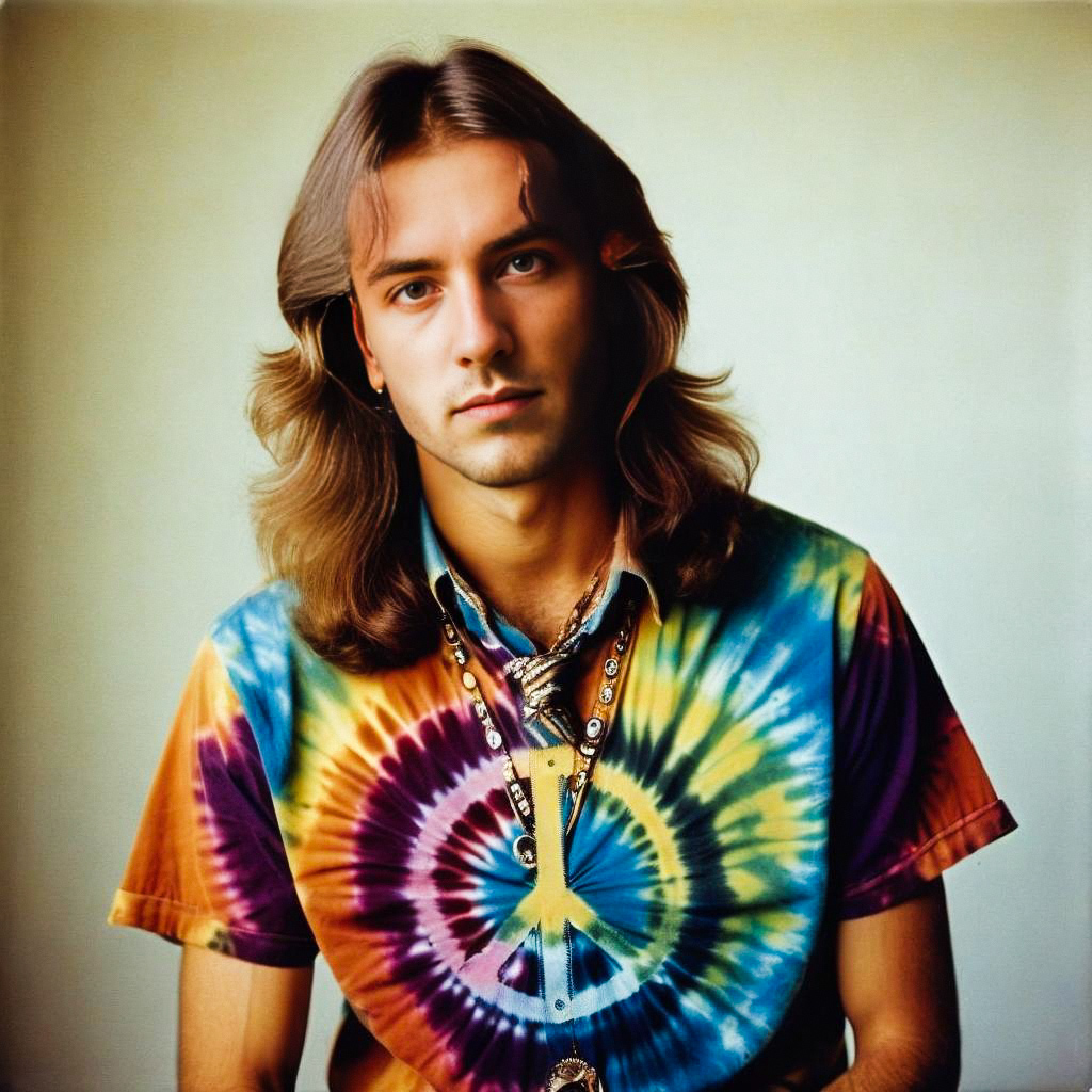 Young man in tie-dye shirt with peace symbol Young man in tie-dye shirt with peace symbol