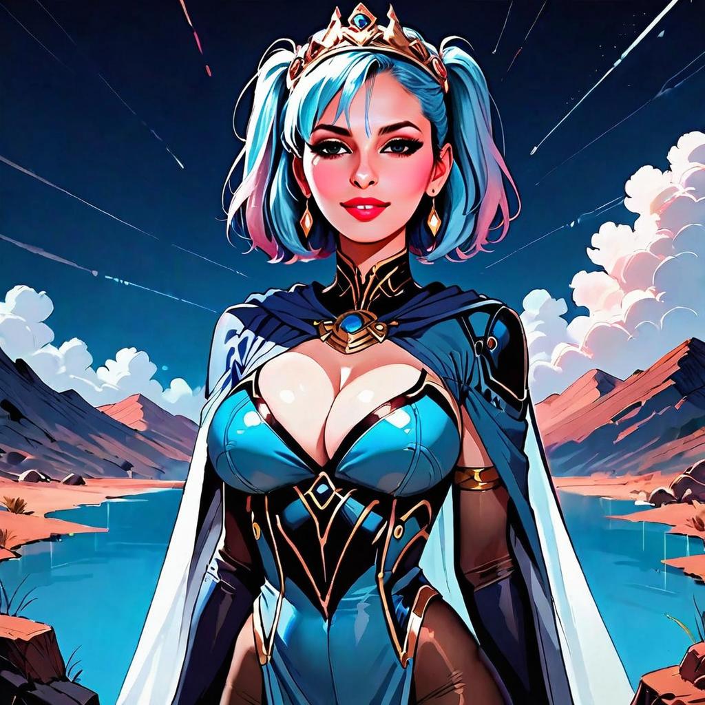 Fantasy Anime Woman in Futuristic Armor with Crown by River Landscape