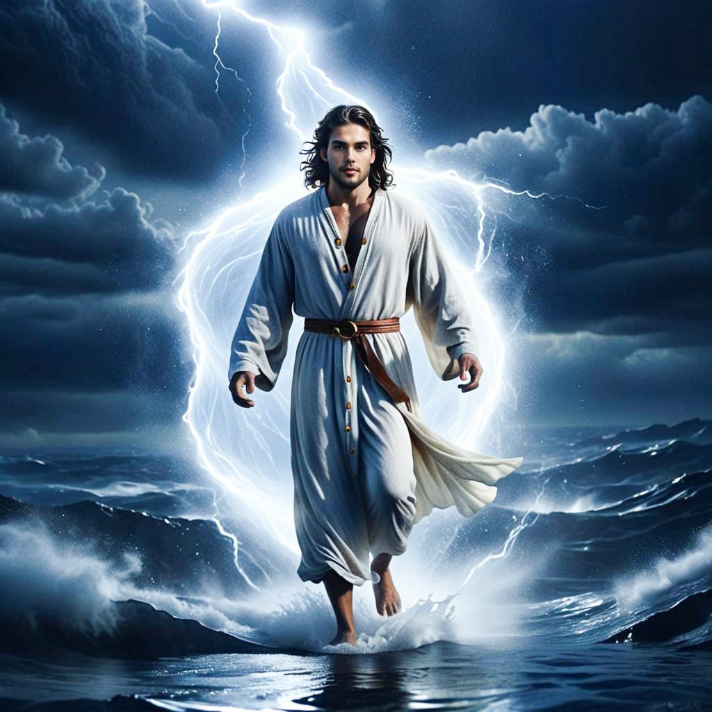 Man in White Robe Walking Through Stormy Waters