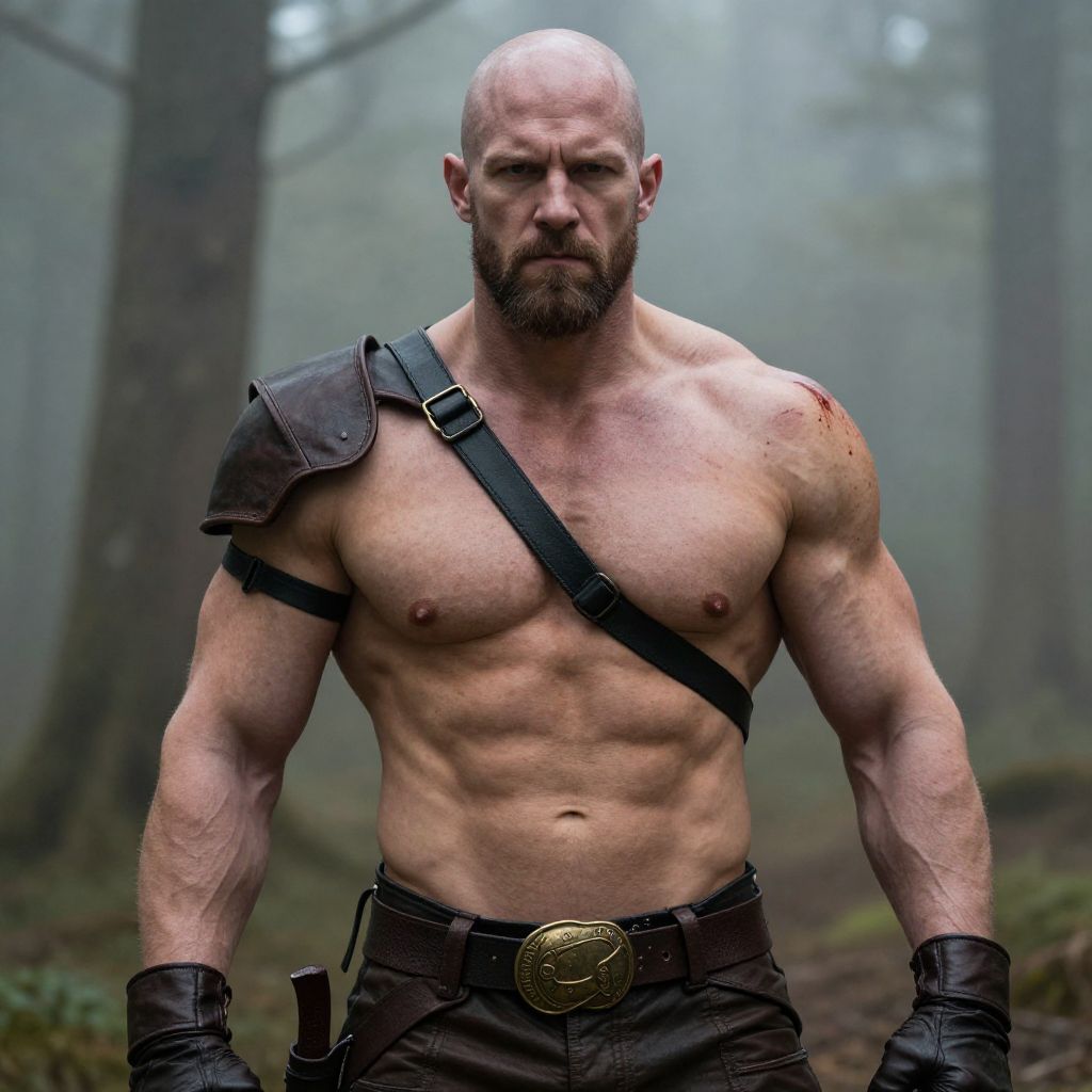 Muscular Bald Warrior Man Shirtless in Foggy Forest with Leather Armor