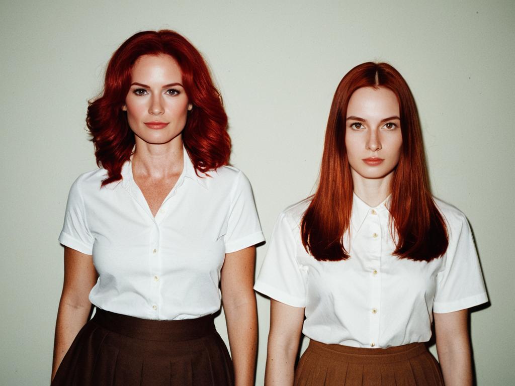 Two Women with Red Hair in White Shirts and Brown Skirts Portrait