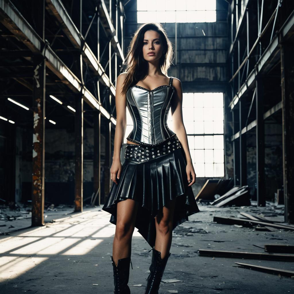 Woman in Futuristic Silver Corset and Leather Skirt in Industrial Setting