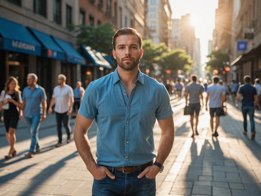 Confident man in bustling city street