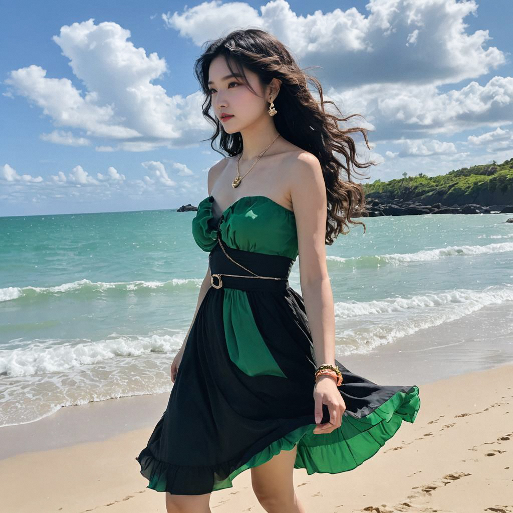 Stylish woman in green dress on sunny beach