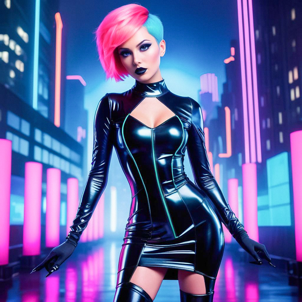 Fashionable Woman in Glossy Black Outfit with Neon Backdrop Fashionable Woman in Glossy Black Outfit with Neon Backdrop