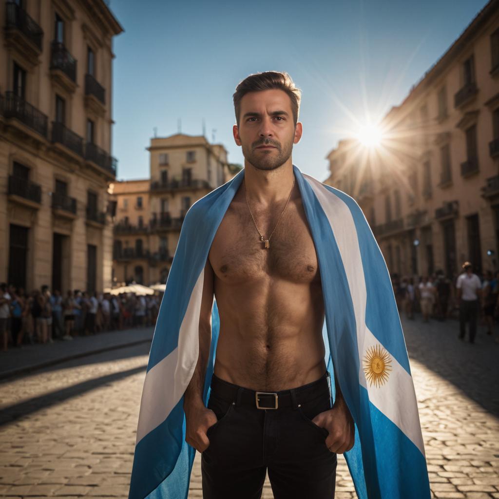 Confident man with Argentine flag in urban sunlight