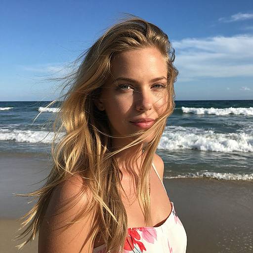 Blonde Woman on Beach with Ocean Waves and Clear Sky